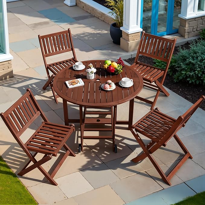 Greesum 5 Piece Patio Dining Set Outdoor Acacia Wood Furniture All-Weather Folding Round Table and Chairs for Backyard, Balcony, Porch, Deck, Garden, Dark Brown