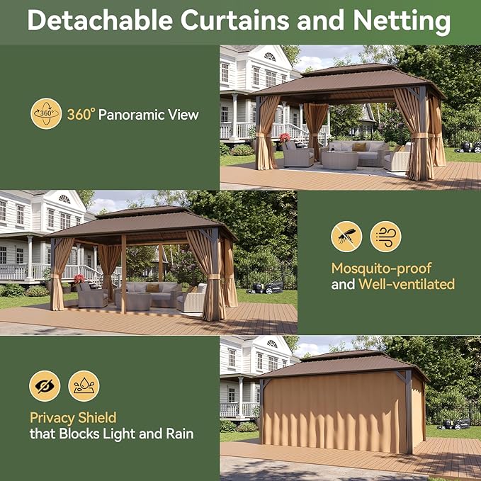 Aoxun 12x16 Gazebo Hardtop Gazebo with Double Galvanized Steel Roof Outdoor Metal Gazebo Pavilion with Breathable Netting and Privacy Curtain for Patio, Lawn, Deck, and Backyard (Brown)