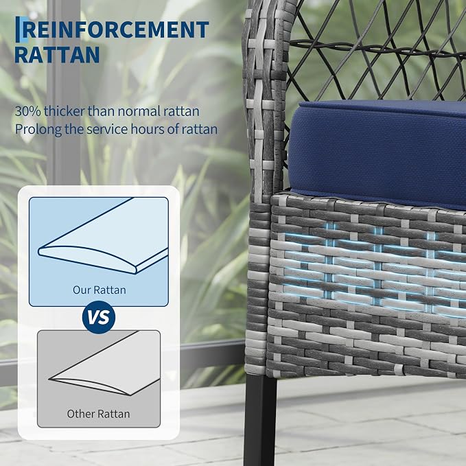 IDEALHOUSE 3 Piece Wicker Patio Rocking Chair Set, Outdoor Rattan Conversation Set with Coffee Table & Grey Cushions, All-Weather Bistro Furniture for Porch Garden and Balcony