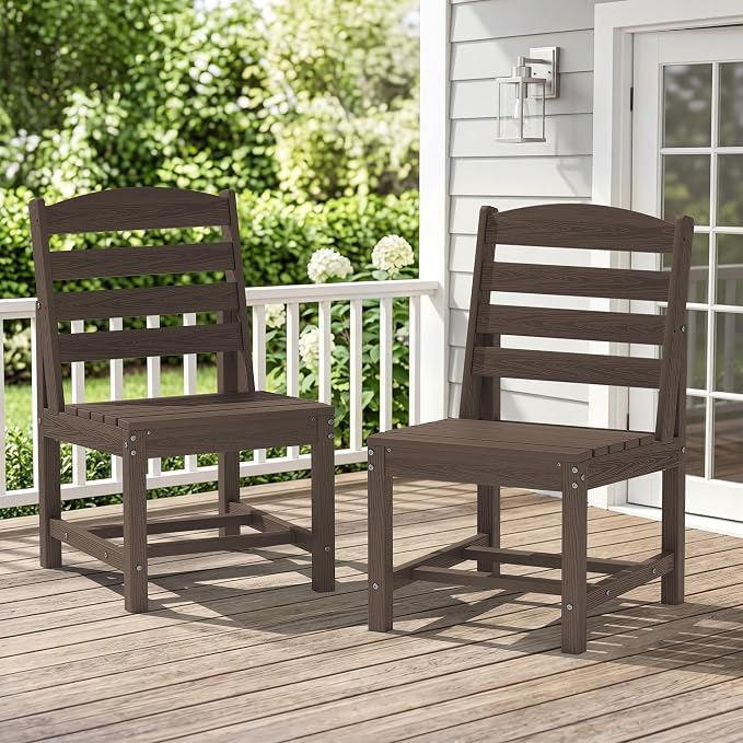 KINGYES Patio Armless Dinning Chairs Set of 2, HDPE All-Weather Outdoor Patio Chairs for Garden Backyard, Coffee
