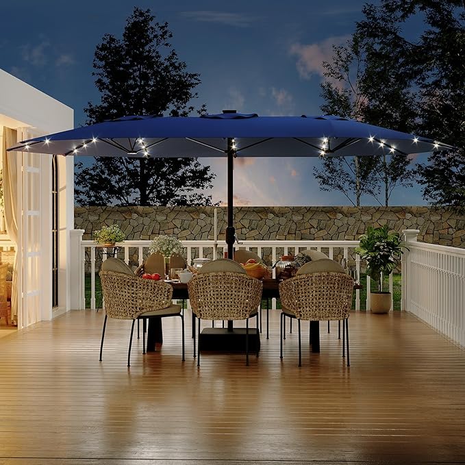 15FT Extra Large Double-Sided Patio Umbrella with Solar LED Lights – Heavy-Duty Rectangular Outdoor Market Umbrella, Fade-Resistant UV Canopy, Included Base for Backyard, Pool, Deck, Garden – Beige/Mist Blue