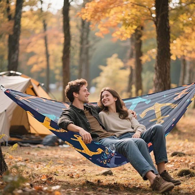 Qilmy Colorful Anchors Camping Hammock Single – 330 lbs Capacity, Lightweight with Tree Straps & Carabiners, Portable for Hiking, Travel, Backpacking