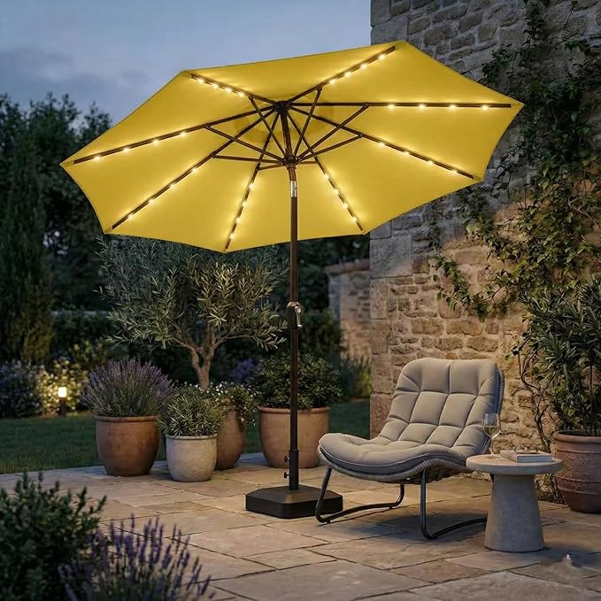 Kingdura 9FT Outdoor Patio Umbrella with Solar Lights, Market Table Umbrella with Push Button Tilt & Crank, 8 Sturdy Ribs, 32 LED Lights, UV Protection for Garden Lawn Deck Backyard Pool (Yellow)