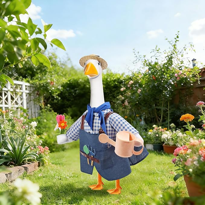 GJL Gardener Porch Goose Outfit Fits 23 Inch Cement Plastic Goose Statue, 2-Piece Porch Goose Clothes with Hat, Tools, Scarf, Watering Can & Flower Pot Design for Spring Summer Garden Yard Lawn Decor
