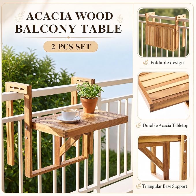 Colingmill 2 Set 22 Inch Balcony Hanging Table, Acacia Wood Foldable Railing Table Adjustable Height & Width, Outdoor Balcony Desk for Coffee, Laptop, Breakfast, Suit for Small Spaces Patio Deck Porch