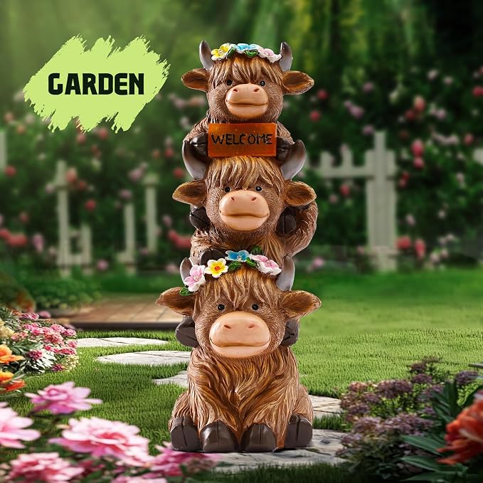 twinbling Garden Highland Cow Statue Solar Outdoor Decor | Flower Decoration Funny Triple Highland Cow Decor Birthday Gifts for Women Mom Figurine for Yard Garden Patio Lawn Ornaments
