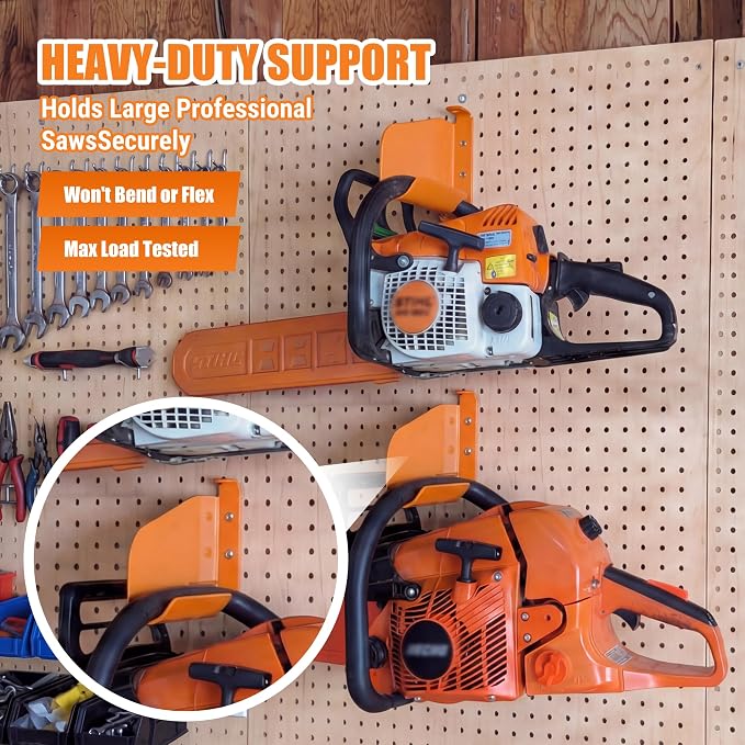 Chainsaw Hanger Holder – 304 Stainless Steel Wall Mount Bracket, Heavy Gauge, Powder-Coated Orange, Fits Stihl 009 011 200T 201T 024 026 360 362 044 660 661, Poulan, Poulan Pro, Husqvarna