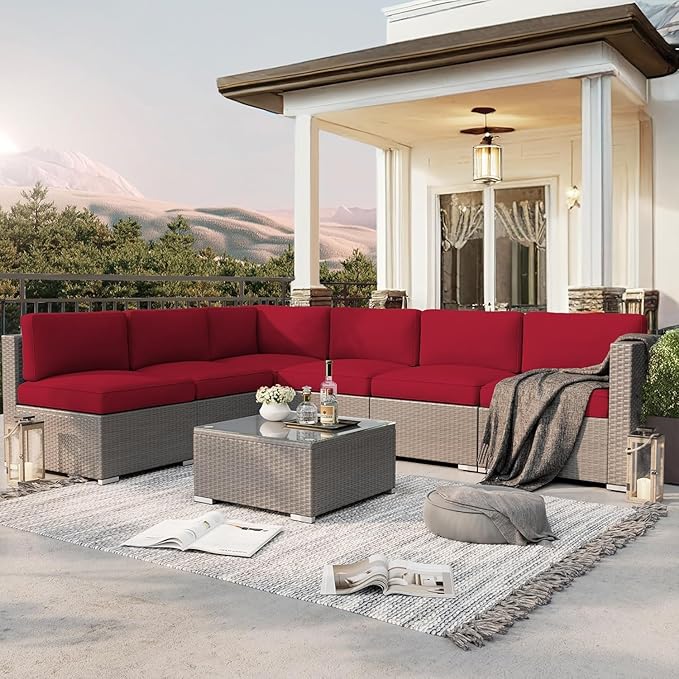 SUNCROWN 7-Piece Patio Furniture Set with Coffee Table and Soft Cushions, Outdoor Sectional Sofa Grey Wicker Conversation Sofa Set, Red