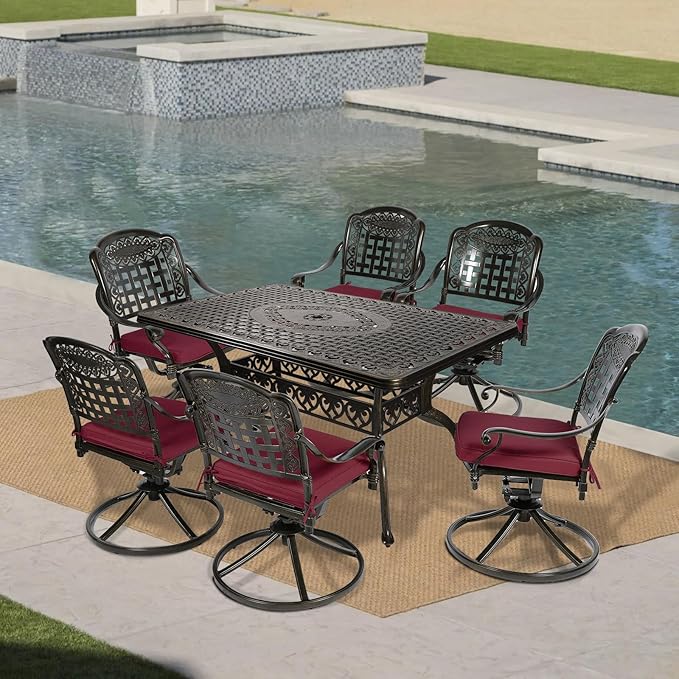 VIVIJASON 7-Piece Outdoor Furniture Dining Set, All-Weather Cast Aluminum Patio Conversation Set, Include 6 Swivel Dining Chairs and a Rectangle Table with Umbrella Hole, Red Cushion