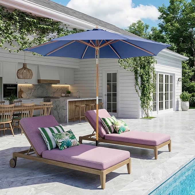 9FT/10FT Bamboo Patio Umbrella, Large Outdoor Umbrella with UPF 50+ Sun Protection, Rope Pulley Lift & Push-Button Tilt, 8-Rib Ventilated Canopy for Garden, Deck, Backyard & Outdoor Dining