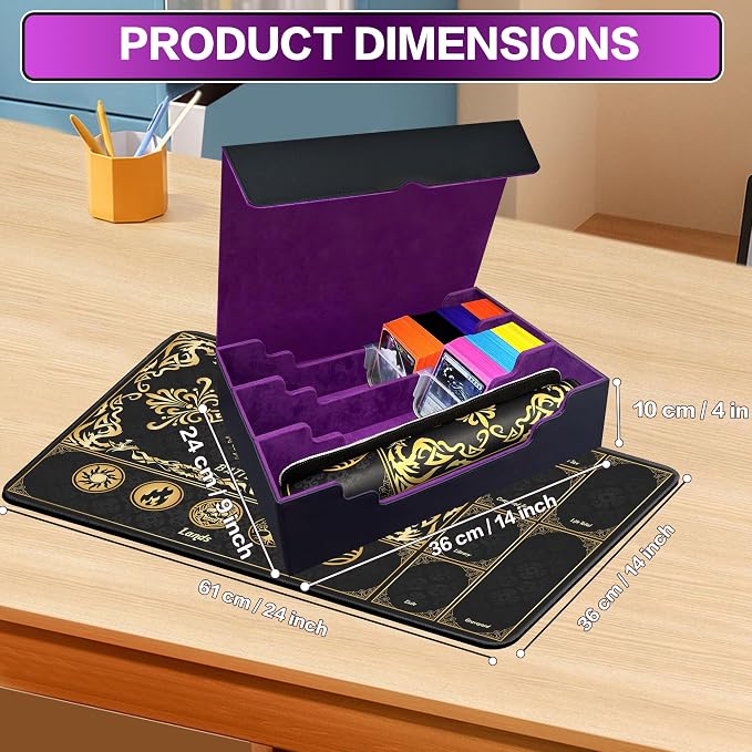 PROMAXIBINDER MTG Commander Deck Case with Playmat, B-Row Trading Card Storage Box Fits 3000+ Cards, 6 Movable Partitions 24 Dividers PU Leather Magnetic Closure, Magic/TCG/YuGiOh/Sport (Black&Purple)