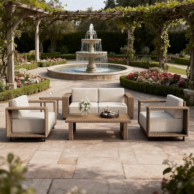 6 Pieces Outdoor Patio Furniture Set PE Rattan Weaving Sofa with 10 inch Thick Cushions and Steel Frame and Wooden Board Outdoor Conversation Set Beige Cushions for Porch Deck