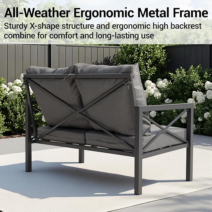 4 Piece Outdoor Patio Furniture Sets, Heavy Duty Metal Conversation Set with Thick Cushions, All-Weather Outside Sectional Sofa with Coffee Table for Backyard, Poolside, Grey