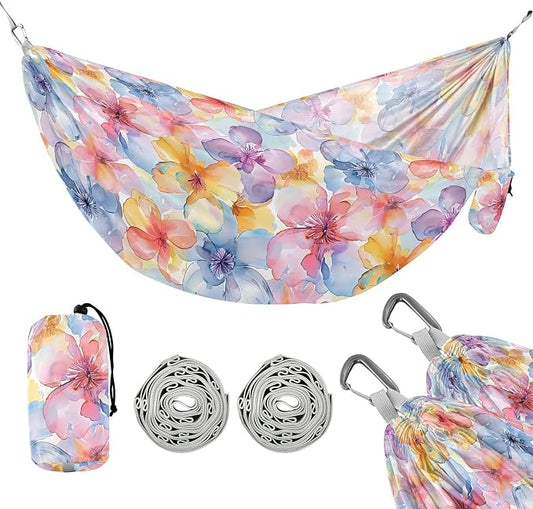 Camping Hammock Outdoor Hammocks for Outside Watercolored Flower Beach Trees Portable Lightweight with Pockets Tree Straps Indoor Small