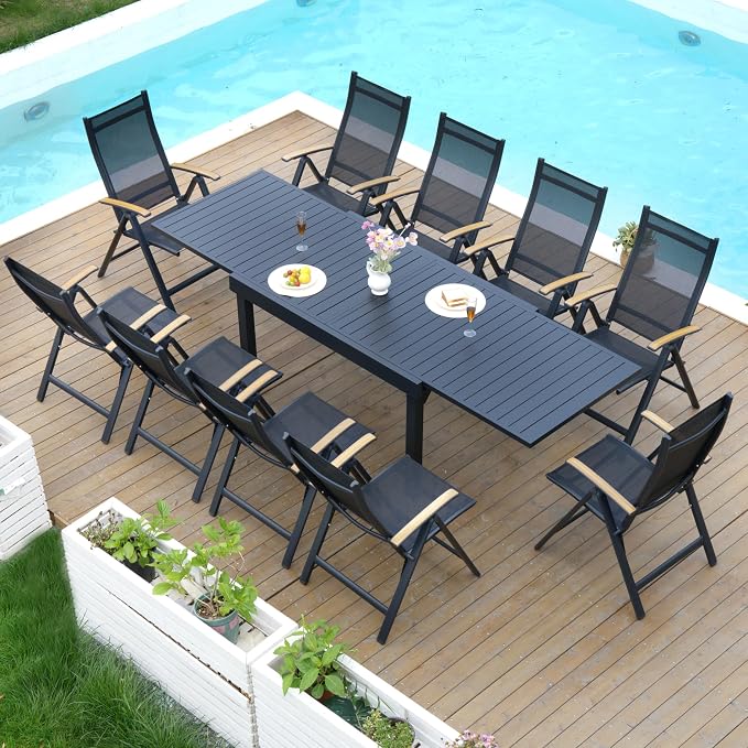 Pellebant 11 Pieces Aluminum Outdoor Dining Set for 6-10 Person, 53" - 106" Expandable Outdoor Dining Table and 10 Foldable Chairs, Weather Resistant Outdoor Furniture Set for Deck, Porch & Backyard