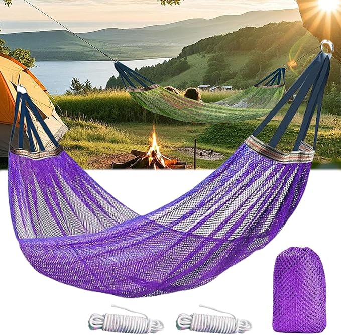 Outdoor Hammock, Super Soft and Breathable Nylon Mesh Hammock, with Portabl Carry Bag, Maximum Load of 440 LB, Camping Accessories for Indoor Outdoor Hiking Backpacking Backyard Beach (Purple)
