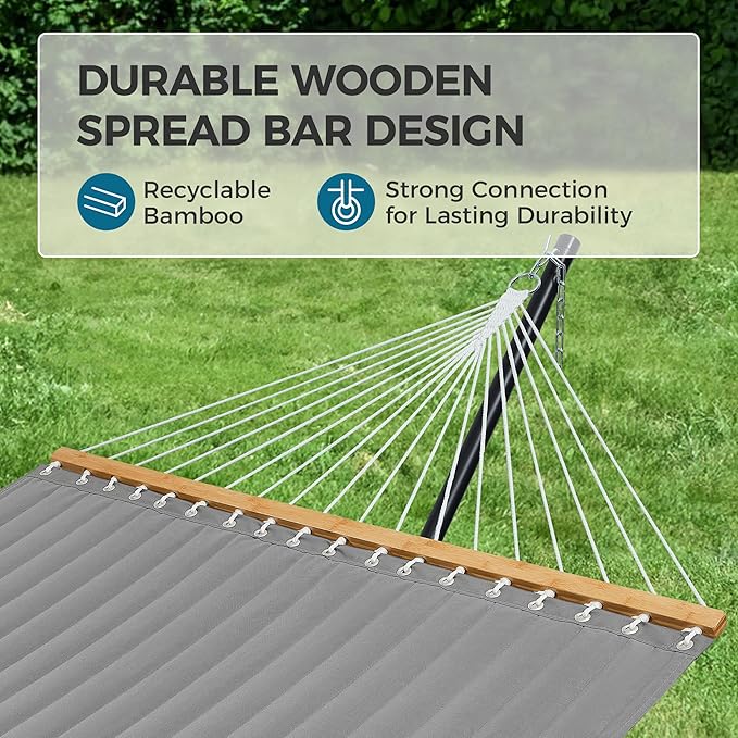 SUPERJARE Hammock with Stand, 2 Person Quilted Outdoor Hammock, Detachable Pillow & Bamboo Spreaders, Portable Hammock with Carrying Bag, Heavy Duty Stand, Perfect for Outside, Patio, Gray