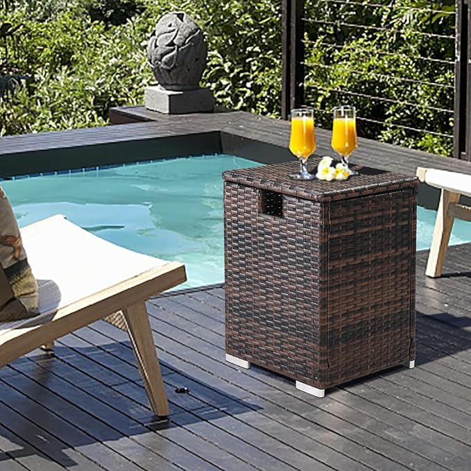 22.4in Outdoor Rattan Side Tables,Iron Frame Gas Bottle Storage Bin,Waterproof Patio Coffee Side Tables,All-Weather PE Wicker End Table,with Lid,for Garden Porch Poolside Deck Backyard (Brown)