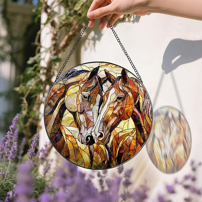 Stained Glass Window Hanging, 8 Inch Horse Suncatcher Ornament, Stained Glass Suncatchers for Windows Hanging, Horse Lover Gift for Women Men, Unique Window Decor for Birthday Christmas Housewarming