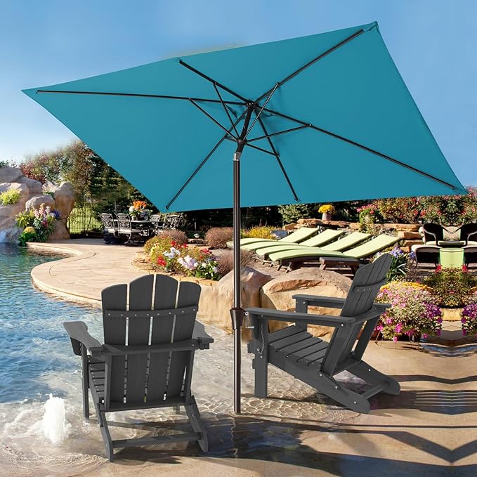 JEAREY 6.5x10ft Olefin Rectangular Patio Umbrella, Rectangle Outdoor Umbrellas with Auto Tilt Crank System, Market Table Umbrella UV Protection Fade-Resistant for Pool Deck Garden Yard, Lake Blue