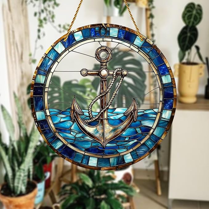 8x8 inch Charming Nautical Anchor Acrylic Stained Glass Window Hanging Sun Catcher Decor Stained Panel Hangings Wall Art Decor, for Friends and Family (Nautical)