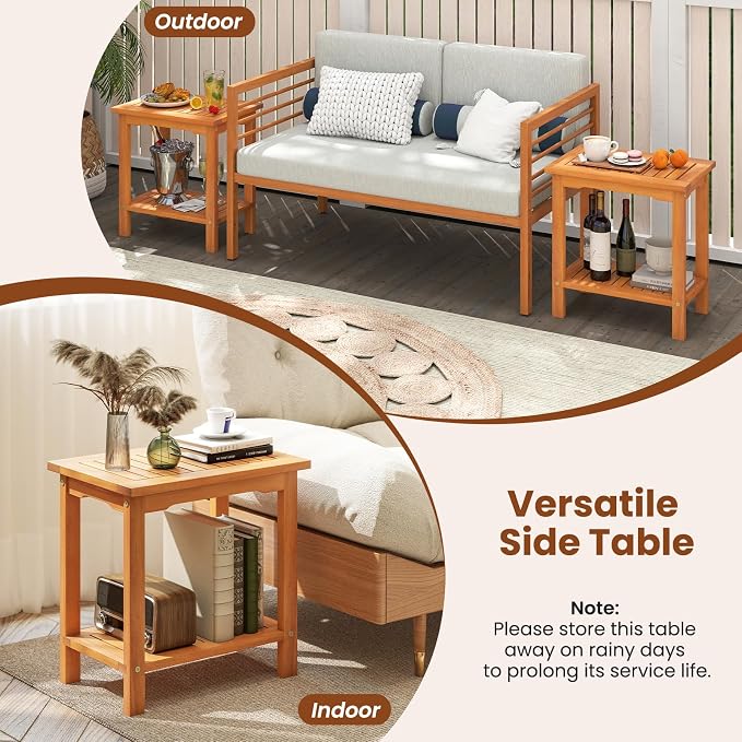 Tangkula Outdoor Side Table, 2-Tier Patio End Table with Slatted Tabletop & Storage Shelf, Acacia Wood Accent Bistro Table for Backyard, Poolside, Garden, Indoor, Natural (1)