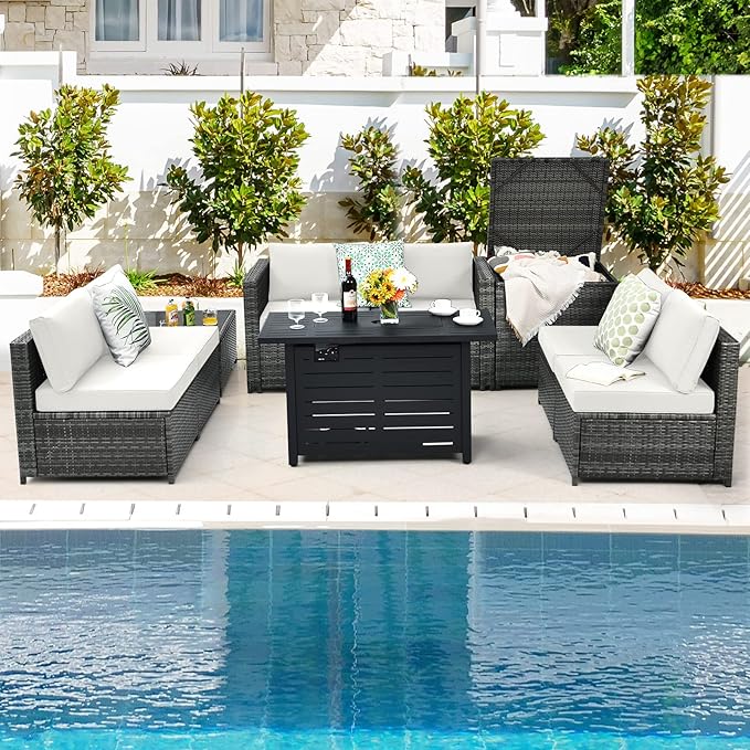 Tangkula 9 Pieces Patio Rattan Furniture Set, Patiojoy Sectional Sofa Set w/Storage Box, Coffee Table, Outdoor Wicker Conversation Set w/ 42” ETL Approved Propane Fire Pit Table (White)
