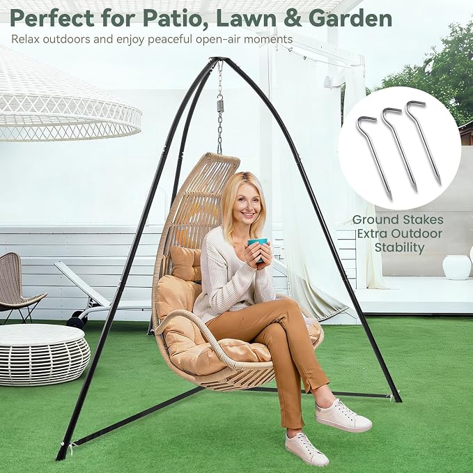 Tripod Hammock Chair Stand for Multi-Use, Heavy-Duty Hammock Chair Stand for Indoor & Outdoor, with Height Adjustable Triangular Design, 330 lbs Capacity, Easy Assembly, Stand Only - Black