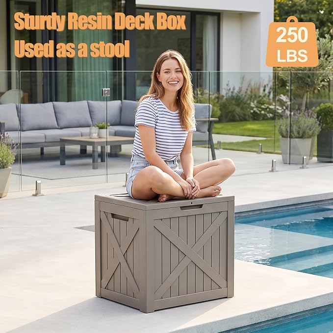 35 Gallon Waterproof Resin Deck Box, Outdoor Lockable Storage Bins Container Container for Patio Cushions Garden Tools Delivery Box, Grey