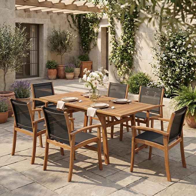 SUNSITT 7-Piece Outdoor Patio Dining Set, 55" - 71" Acacia Wood Expandable Table & 6 Breathable Textilene Mesh Chairs, All-Weather Patio Furniture w/Umbrella Hole for Backyard, Deck, Garden, Black