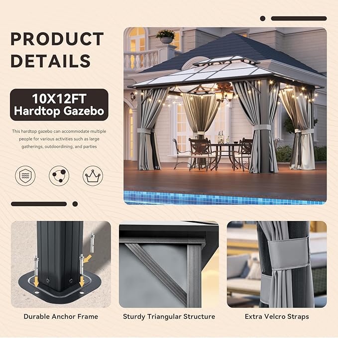 Aoxun 10'x12' Hardtop Gazebo, Outdoor Metal Gazebo with Double Polycarbonate Roof Canopy, Permanent Pavilion with Netting and Curtains for Lawn, Garden, Patio (Gray)