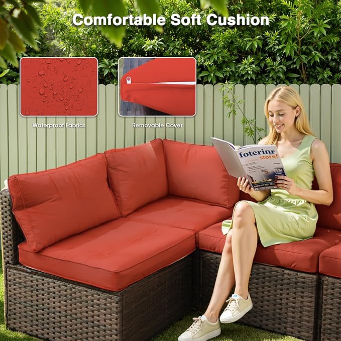 15 Piece Patio Furniture Set with Fire Pit Table, Outdoor Sectional Sofa PE Rattan, Patio Conversation Sets with Cushions for Garden Lawn Balcony Porch Deck Red