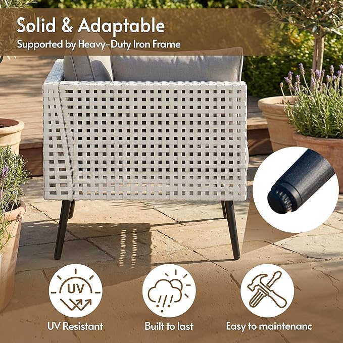 5 Piece Patio Furniture Sets, Modular Patio Sectional Conversation Sets with Upgraded Cationic Fabric Cushions & Outdoor All-Weather Handwoven Open Weave Wicker for Garden, Poolside, Backyard