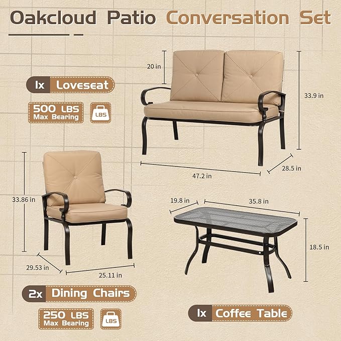Oakcloud 4Pcs Metal Outdoor Furniture Patio Conversation Set (Loveseat and Coffee Table, 2 Dining Chair) -Wrought Iron Patio Chair Set with Cushions (Brown)