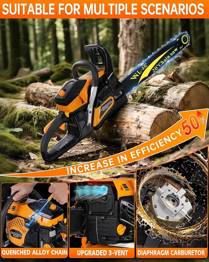 63CC Gas Powered Chainsaw 20 Inch, 2-Cycle Engine with 2 Chains & Bars, Heavy Duty Gas Chain Saw for Tree Felling, Logging, and Firewood Cutting (63CC – Yello)