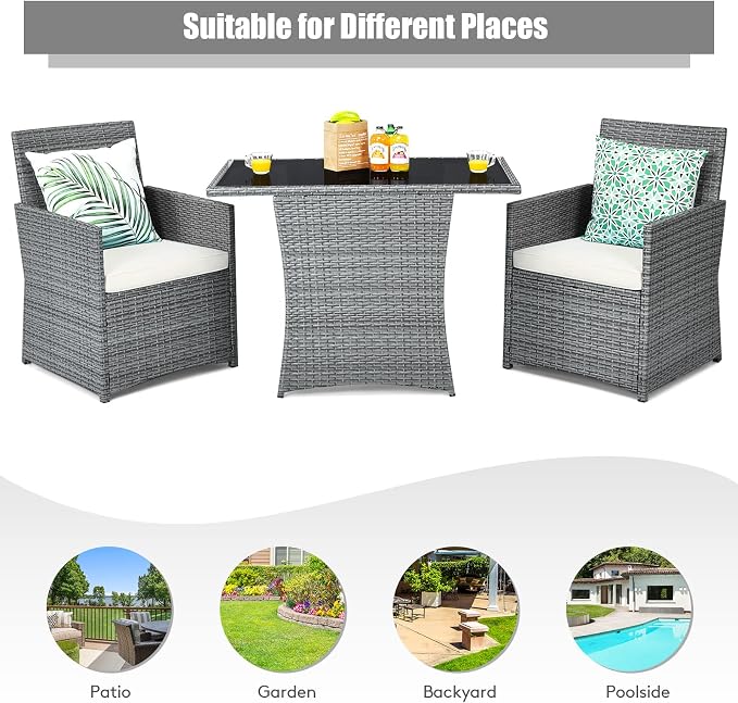 RELAX4LIFE 3-Piece Outdoor Furniture Set - All-Weather Wicker Rattan Patio Dining Set w/Tempered Glass Coffee Table & Cushions, Modern Bistro Conversation Set for Yard Balcony (White)