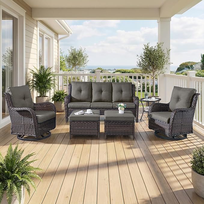 6 Piece Patio Furniture Set with Ottoman - All Weather Patio Conversation Set with 4 Inch Thick Cushions and Deep Seating Swivel Glider Chairs & Outdoor Couch for Porch Deck Yard Pool