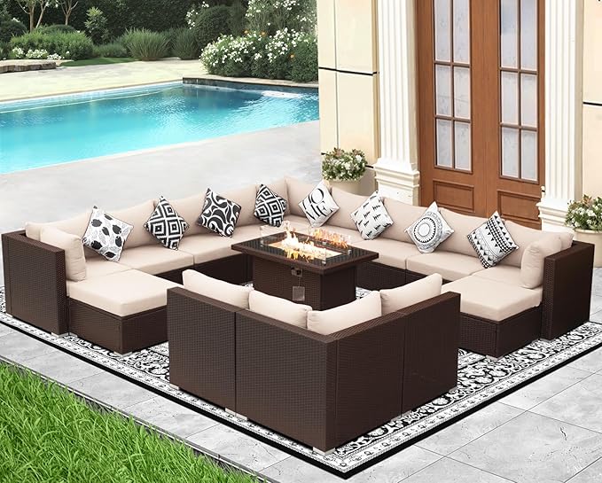 NICESOUL 15 Piece Outdoor Sectional with Fire Pit Table, Modern Luxury Patio Deep Seating w/Firepit, 29.3'' High-Back Wicker Couch Thick, Big High-Weight Capacity Sofa for Garden, Yard, Brown & Beige