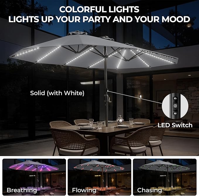 HOMSHADE Double Sided Patio Umbrellas with Base - 15ft RGB Multi-Color Flowing LED Lights Outdoor Extra Large Market Table Umbrella w/Stand, Oversized Umbrella for Deck, Pool, Backyard, Grey