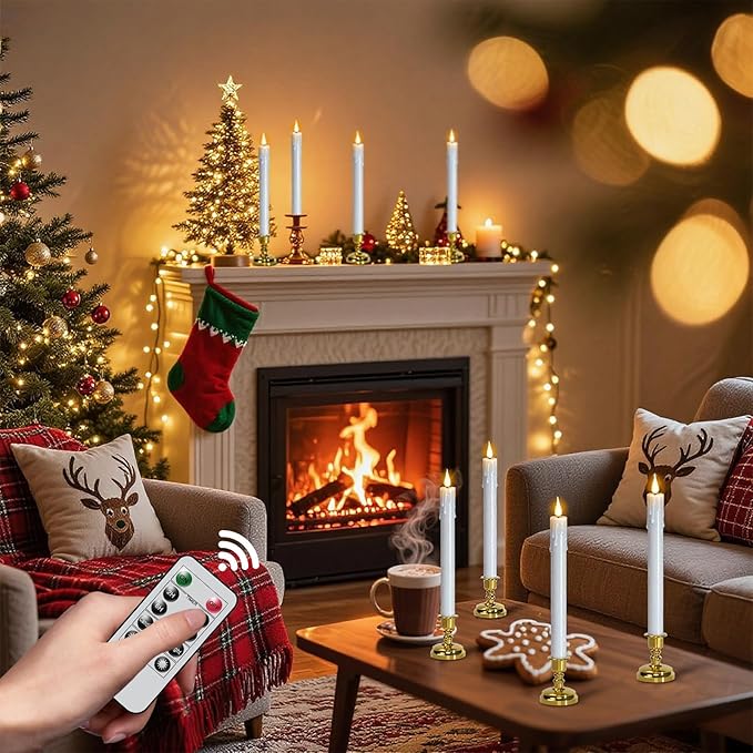 DRomance Christmas Flameless Window Taper Candles Battery Operated with Remote and Timer, 6 Pack White Plastic Dripping LED Flickering Candles with Suction Cups Holiday Indoor Decor(Gold Holders)