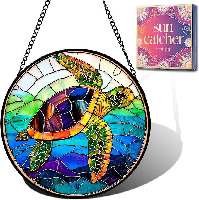 Birthday Gifts for Women - Blue Sea Turtle Faux Stained Glass Window Hanging Sun Catcher for Door Garden Acrylic Decor Mother's Day Christmas for Mom Men Nana Grandma Sisters 9.8"