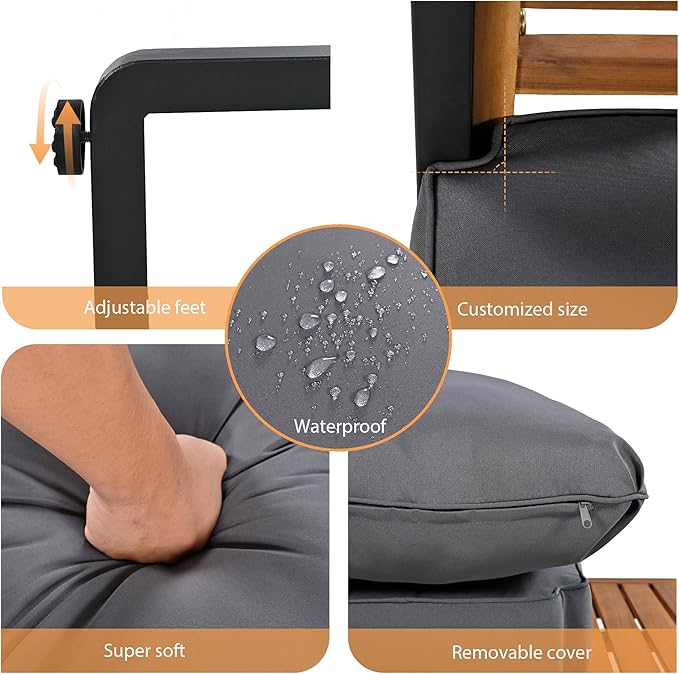 LUMISOL 4 Pieces Patio Furniture Set, Outdoor Sofa Set with Metal Frame and Removable Cushions, Patio Conversation Set for 5 Persons, Thick Cushions, Acacia Wood Tabletop, Grey