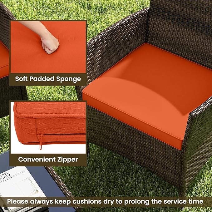 RELAX4LIFE 4-Piece Patio Furniture Set - Rattan Outdoor Conversation Bistro Set w/Cushions, Glass Coffee Table, Wicker Chairs & Loveseat for Garden Backyard Porch, Balcony Furniture Set (1, Orange)