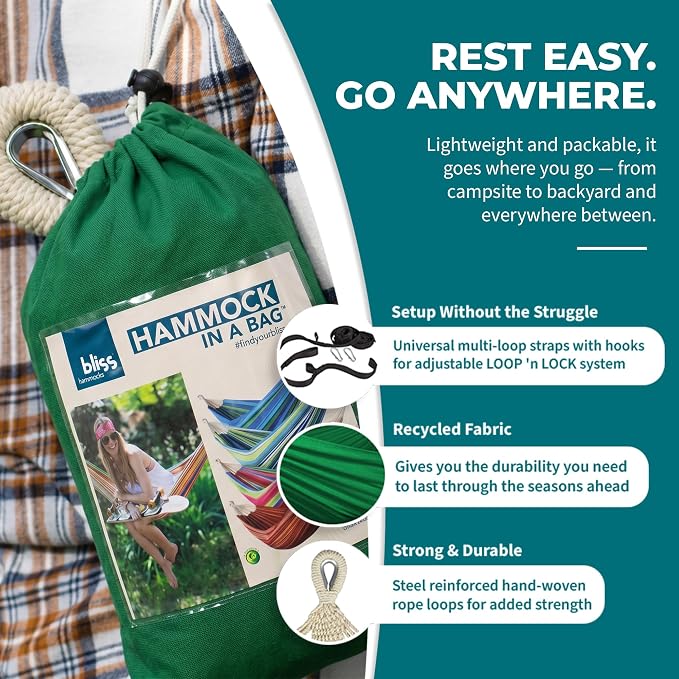 Bliss Hammocks 60" W Double Outdoor Hammock with Hand-Woven Rope Loops & Tree Straps, Patio, Durable, Cotton/Polyester, 265 Lbs Capacity, Green