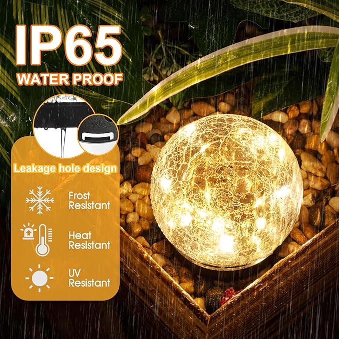 Solar Lights Outdoor Waterproof 30LEDS, 2 Pack Cracked Glass Solar Globe Lights Outdoor with Auto On/Off, Outside Decorations for Yard,Garden,Patio, Pathway,Landscape - Warm White