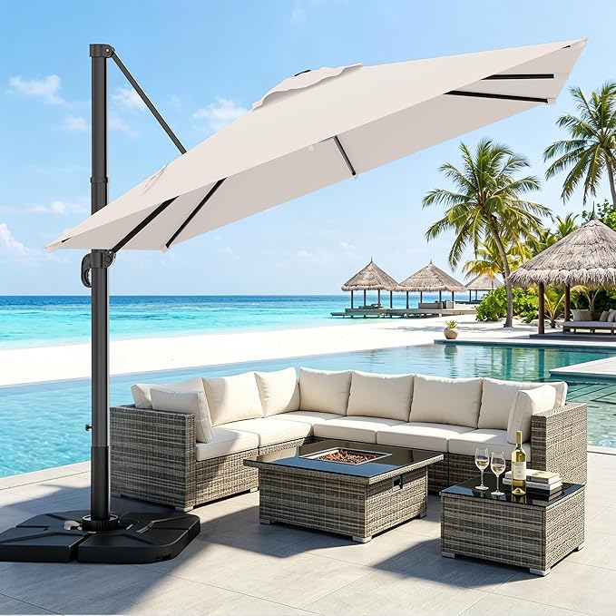 AreShark 8 X 8 FT Cantilever Patio Umbrella, 360-Degree Rotation Round Hanging Offset Umbrella with Crank, Heavy Duty Patio Umbrella for Patio, Pool, Garden, Deck, Cream White
