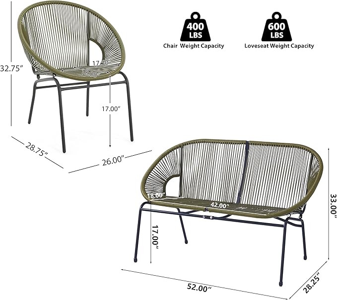 Christopher Knight Home Dessa 3 Piece Patio Furniture Set, Patio Wicker Accent Chair Set of 2 and Loveseat, Metal Frame 4 Seater Outdoor Papasan Lounge Chair Set, PE Rattan Outdoor Bistro Set, Green