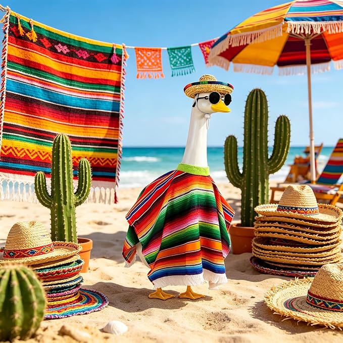 Cinco De Mayo Porch Goose Outfits, Mexican Outfit Fits 17 23 Inch Statue | Summer Goose Clothes with Hat, Serape Striped Poncho and Sunglasses for Outdoor Garden Yard Lawn Patio Decor