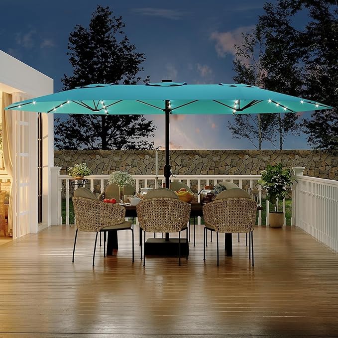 Garvee 15 ft Rectangular Patio Umbrella with Solar Lights & Base Included - Large Patio Umbrella with Crank Handle 36 LED Lights, UV Protection for Outdoor Market, Backyard, Deck, Pool, Misty Blue