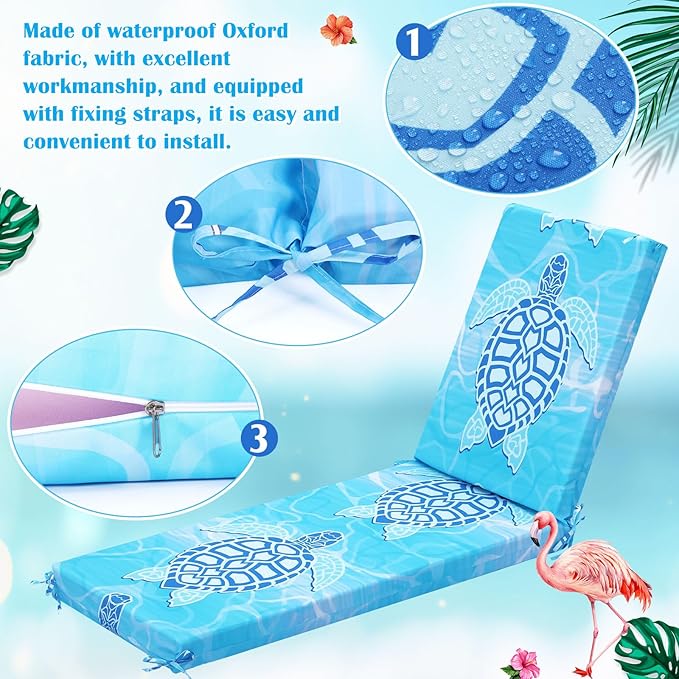 2 Pack Chaise Lounge Cushion Covers Outdoor (Not Includes Cushions) Waterproof Chair Cushion Replacement Covers 72 x 21 x 3 Inch for Patio Pool Lawn Slipcover with Ties (Ocean)